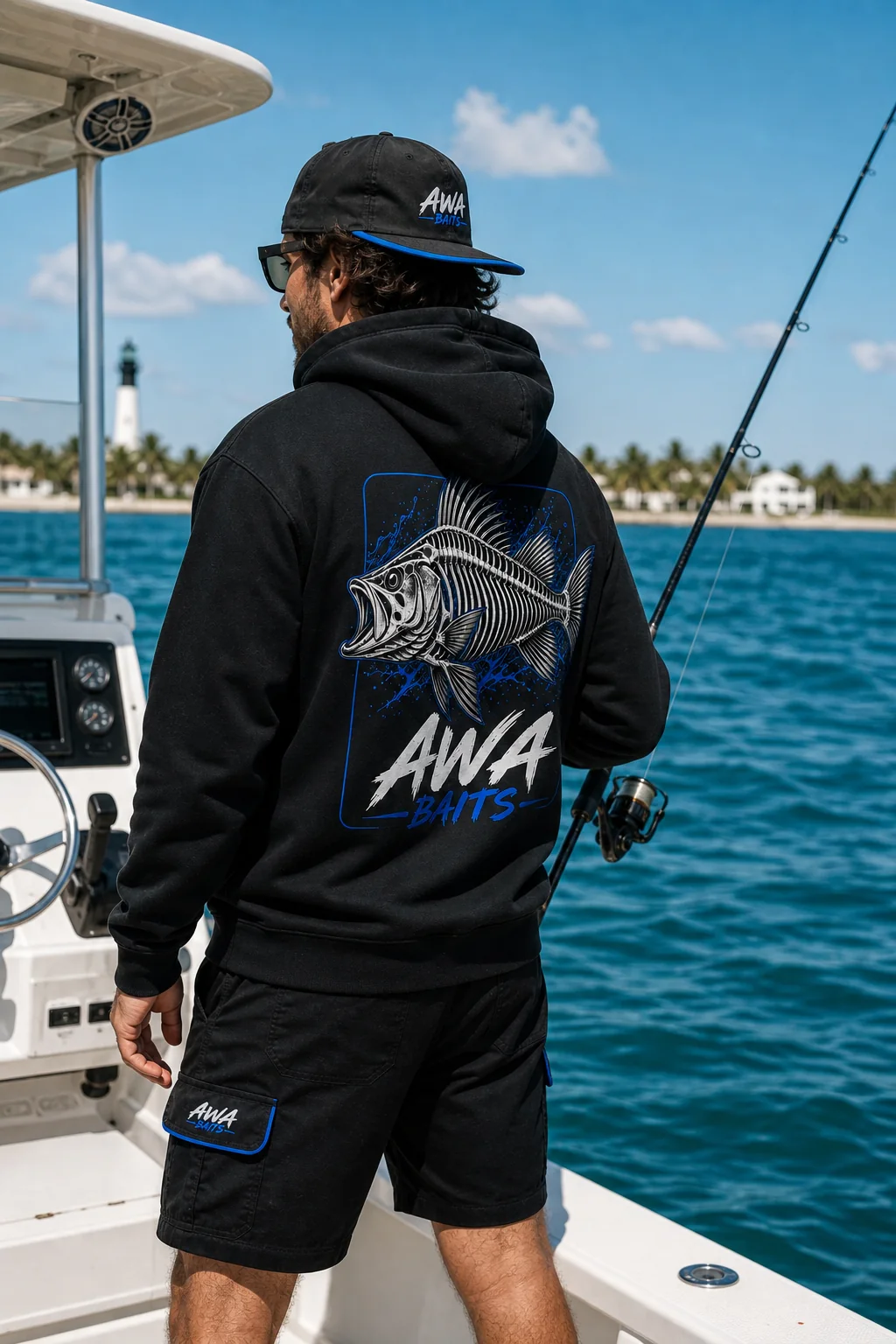 AWA Baits hoodie worn on a Florida boat