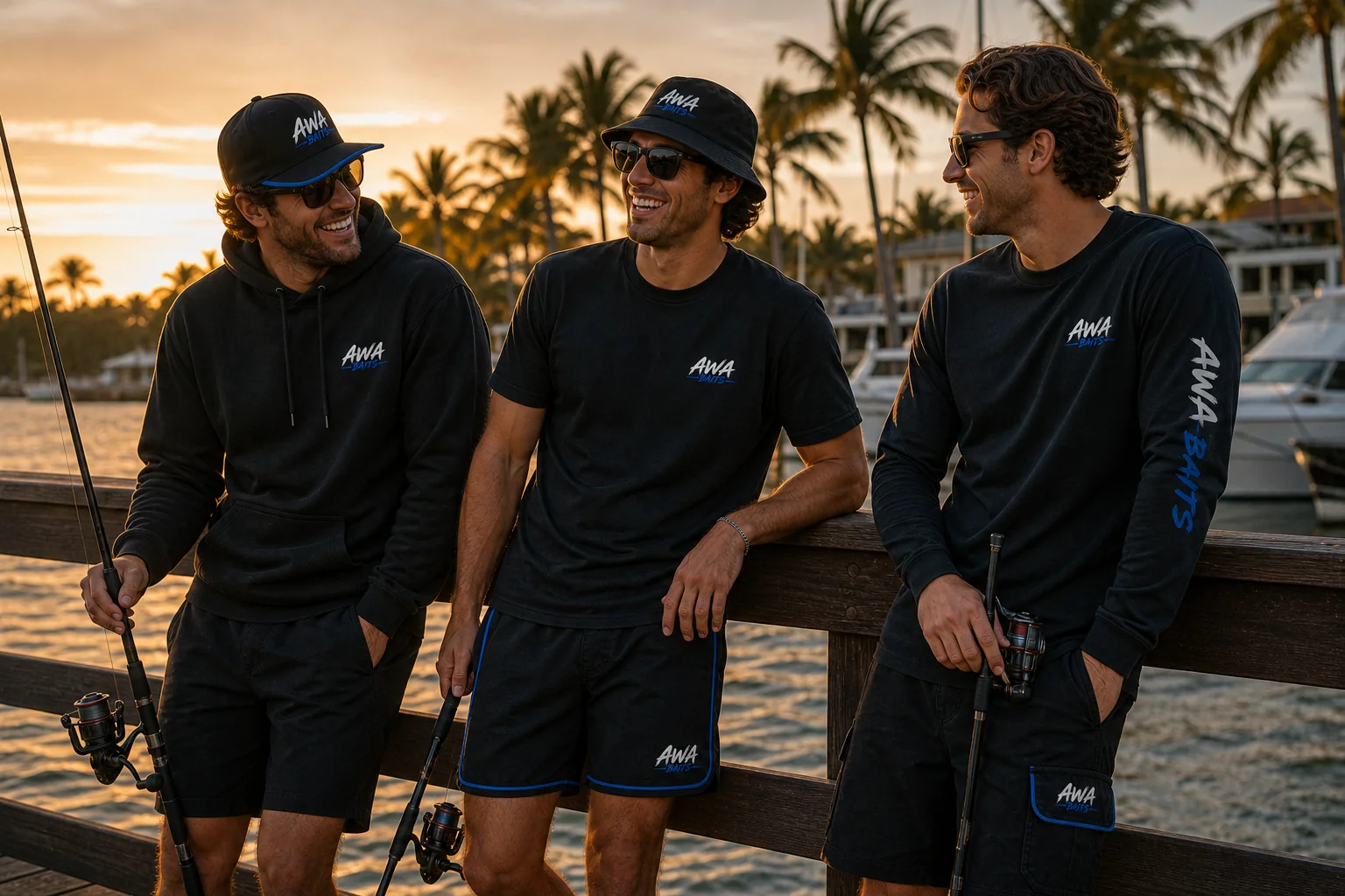 AWA Baits friends on the dock at sunset